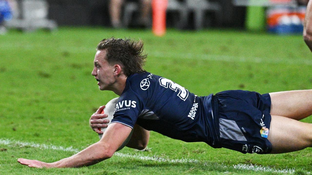 Jaxon Purdue scores the matchwinning try for the North Queensland Cowboys against Canterbury Bulldogs. Picture: NRL Imagery