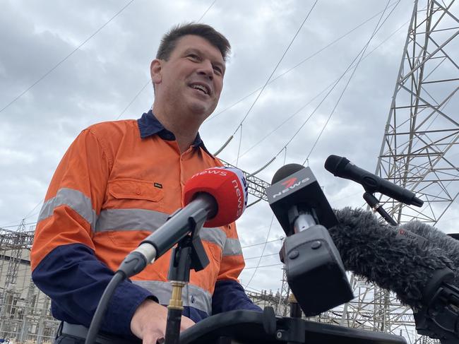 AGL managing director and CEO Brett Redman announcing AGL will start work this year on a 250-megawatt battery at Torrens Island. Picture Kathryn Bermingham