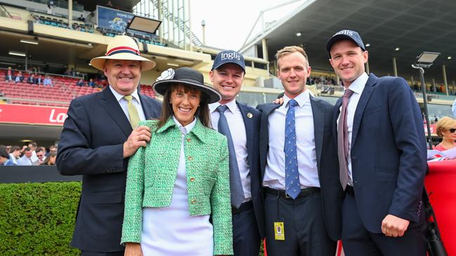 Can Ben, Will and JD Hayes (L to R) upstage dad David Hayes, pictured here with his wife and the boys mum Prue Hayes, by winning a Stradbroke Handicap on Saturday? Photo : Vince Caligiuri/Getty Images.