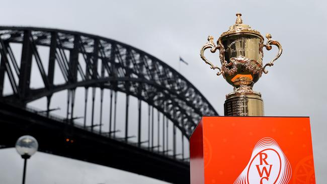 SYDNEY, AUSTRALIA - JANUARY 30: The Webb Ellis Cup during a media opportunity as World Rugby announce the host cities for Men's Rugby World Cup Australia 2027 at The Theatre Bar on January 30, 2025 in Sydney, Australia. (Photo by Brendon Thorne - World Rugby/World Rugby via Getty Images)