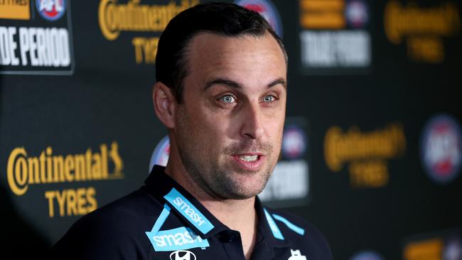 MELBOURNE, AUSTRALIA – OCTOBER 07: Nick Austin, Carlton Head of List Management speaks during the 2024 Continental Tyres AFL Trade Period at Marvel Stadium on October 07, 2024 in Melbourne, Australia. (Photo by Josh Chadwick/AFL Photos via Getty Images)