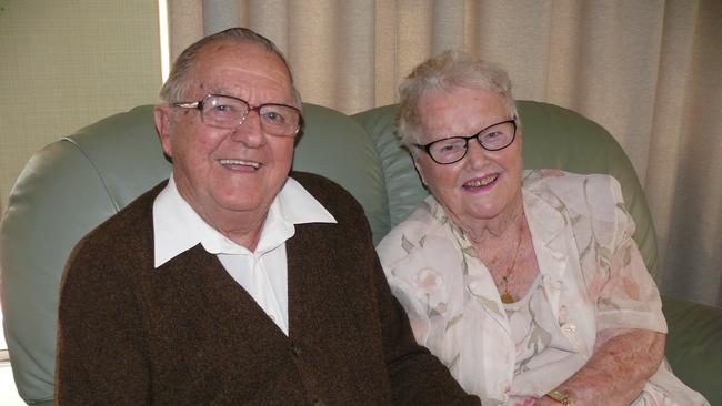 John and Shirley Adams celebrate their 60th wedding anniversary. The anniversary is also John's birthday and his children Simon and Virginia bought him a diamond shaped paper weight as a novelty gift. Photo Tim Howard / Daily Examiner