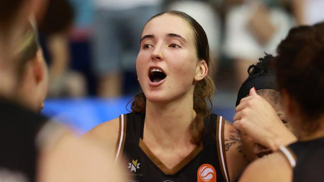 MELBOURNE, AUSTRALIA - MARCH 10: Anneli Maley of the Lynx celebrates the win during game one of the WNBL grand final series between Southside Flyers and Perth Lynx at Melbourne Sports Centre Parkville, on March 10, 2024, in Melbourne, Australia. (Photo by Kelly Defina/Getty Images)