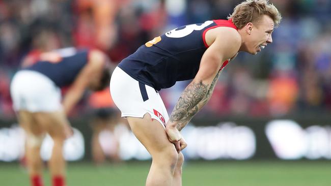 Melbourne’s James Harmes reacts on the final siren against GWS.