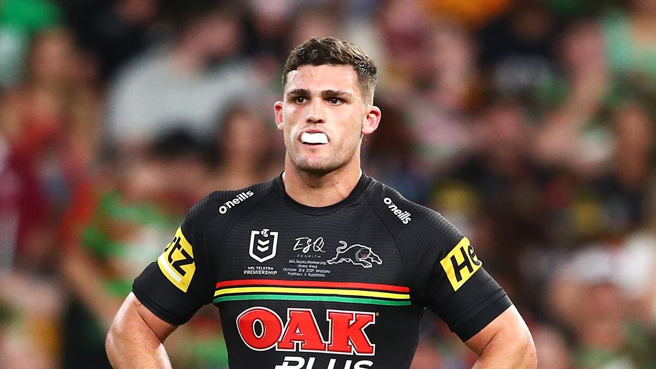 BRISBANE, AUSTRALIA - OCTOBER 03: Nathan Cleary of the Panthers watches on during the 2021 NRL Grand Final match between the Penrith Panthers and the South Sydney Rabbitohs at Suncorp Stadium on October 03, 2021, in Brisbane, Australia. (Photo by Chris Hyde/Getty Images)