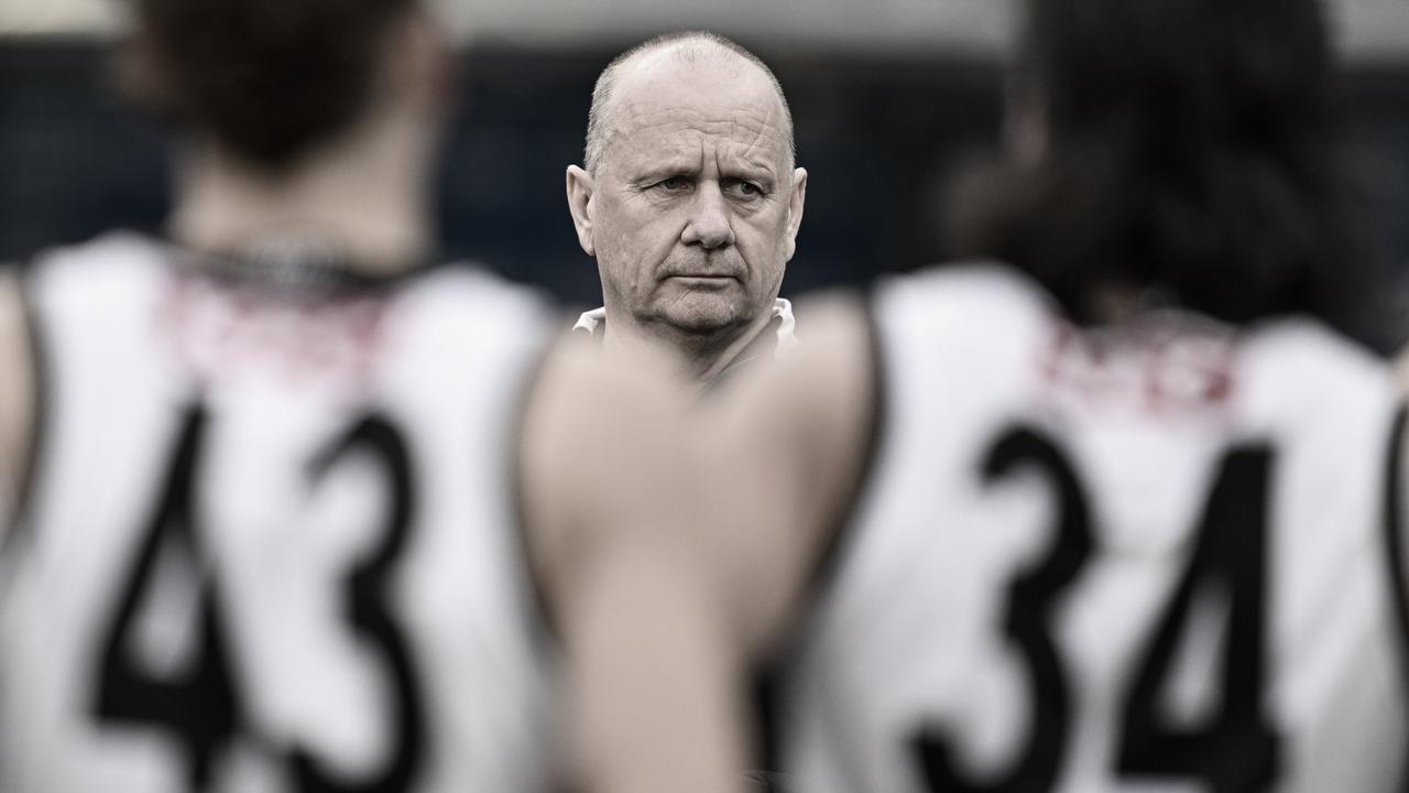 PERTH, AUSTRALIA - AUGUST 25: Ken Hinkley, Senior Coach of the Power addresses the players at the break during the 2024 AFL Round 24 match between the Fremantle Dockers and the Port Adelaide Power at Optus Stadium on August 25, 2024 in Perth, Australia. (Photo by Daniel Carson/AFL Photos via Getty Images)