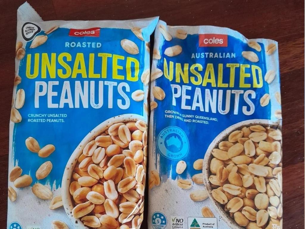 Coles customers have expressed their outrage that a popular home brand product has been ditched for an imported one. Coles once boasted that its Australian unsalted peanuts were grown in sunny Queensland, now they're being packed and imported from Vietnam. Picture: Reddit
