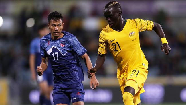 CANBERRA, AUSTRALIA - OCTOBER 10: Awer Mabil of the Socceroos controls the ball during the FIFA World Cup Qatar 2022 and AFC Asian Cup China 2023 Preliminary Joint Qualification Round 2 match between the Australian Socceroos and Nepal at GIO Stadium on October 10, 2019 in Canberra, Australia. (Photo by Matt King/Getty Images)