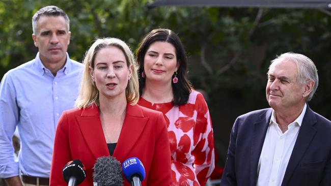 Labor powerbroker Don Farrell (right) looks on as Labor's Claire Clutterham speaks about her win for Sturt in the federal election, with SA Premier Peter Malinauskas and Senator Marielle Smith. Picture: Mark Brake