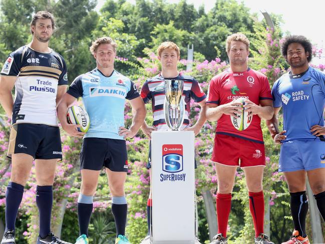 Super Rugby Season Launch. Leaders from the Super Rugby teams from Australia, Sam Carter, (brumbies) Michael Hooper (Waratahs) Nic Stirzaker (Rebels) James Slipper (reds) and Tatafu Polota-Nau, (Force). Pic Jono Searle.