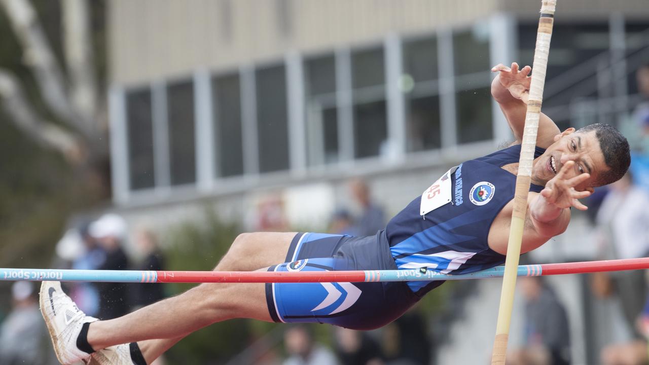 2024 Australian masters games at the Domain Athletics Centre, Domonic Carr 53 NSW during the Pole Vault. Picture: Chris Kidd