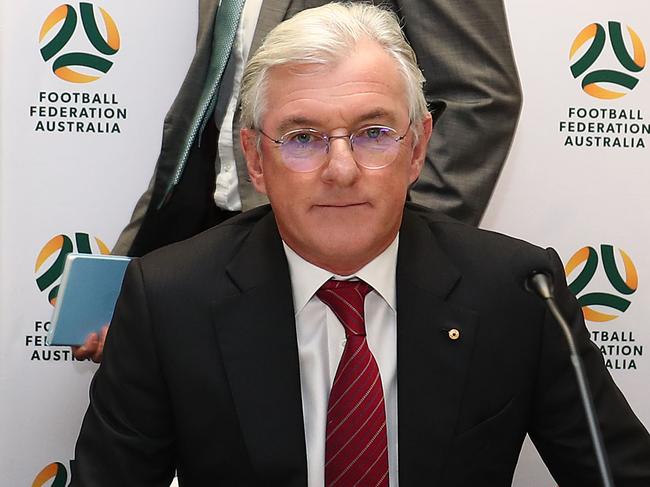 SYDNEY, AUSTRALIA - NOVEMBER 19: Outgoing FFA chairman Steven Lowy and FFA CEO David Gallop attend the Football Federation Australia Annual General Meeting at FFA Offices on November 19, 2018 in Sydney, Australia. (Photo by Mark Metcalfe/Getty Images)