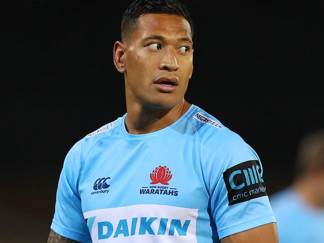 NEWCASTLE, AUSTRALIA - MARCH 29: Israel Folau of the Waratahs warms up during the round seven Super Rugby match between the Waratahs and the Sunwolves at McDonald Jones Stadium on March 29, 2019 in Newcastle, Australia. (Photo by Tony Feder/Getty Images)