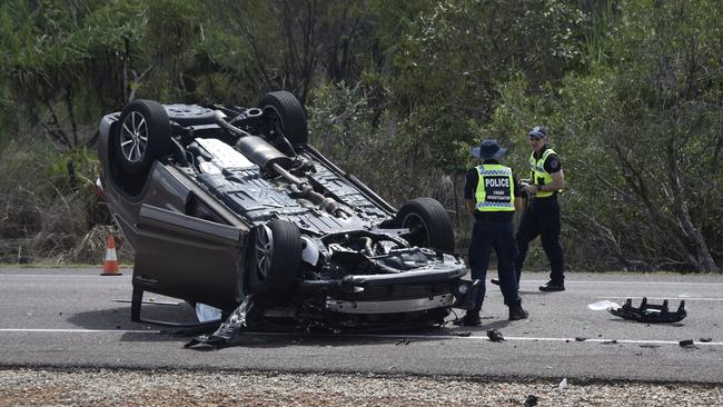 NT Police said the worst injury treated at a two-car crash on Tiger Brennan Dr near Hidden Valley was a laceration on one driver's arm. The crash occurred at 5am, April 2, 2023. Picture: Sierra Haigh