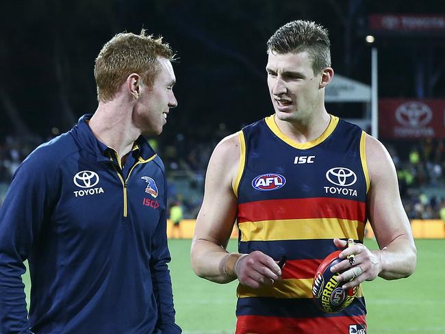 29/03/18 - AFL - Adelaide Crows v Richmond at Adelaide Oval. Tom Lynch with Josh Jenkins after the game. Picture SARAH REED