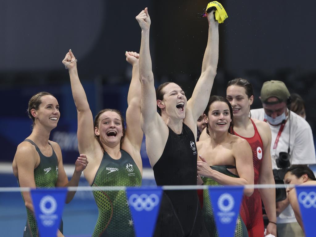 Cate Campbell, alongside Emma McKeon, Chelsea Hodges and Kaylee McKeown celebrate winning the women's 4x100 medley relay final in Tokyo. Picture: Jean Catuffe/Getty Images