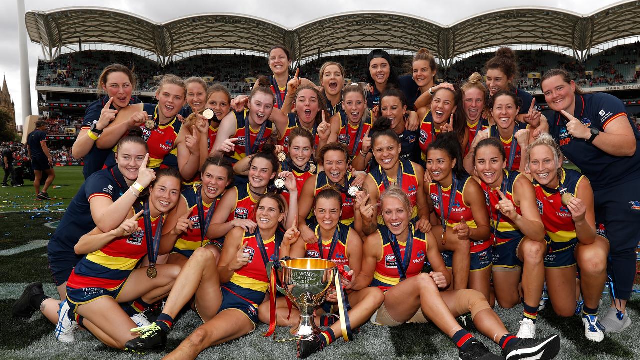The Adelaide Crows after taking home the 2019 AFLW Grand Final in Adelaide (Photo by Michael Willson/AFL Photos).