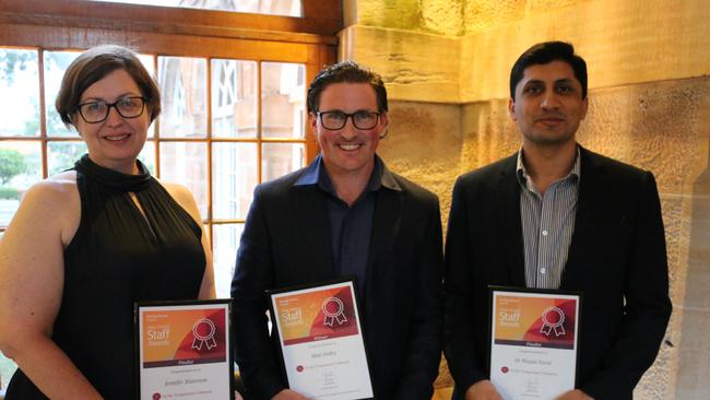 Toowoomba Hospital finalists for the compassion award (from left) Jennifer Waterson, Matt Dolley and Dr Waqas Fazal.