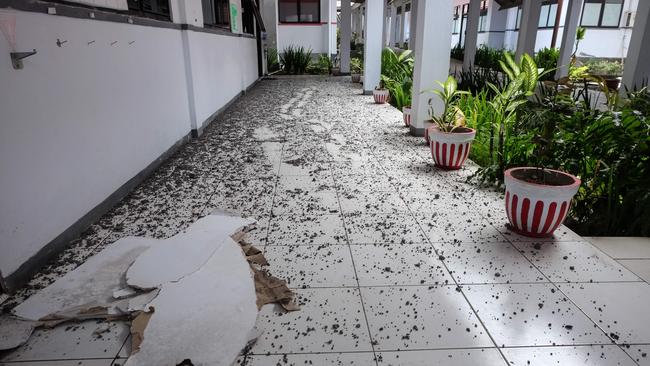 Volcanic material is seen on the floor on Tagulandang island in Sitaro, North Sulawesi on April 19. Picture: AFP
