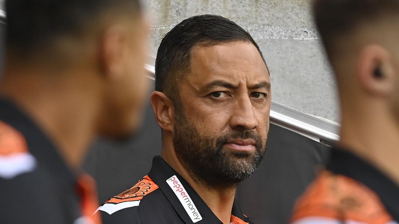 TOWNSVILLE, AUSTRALIA - MAY 24: Tigers coach Benji Marshall looks on before the start of the round 12 NRL match between North Queensland Cowboys and Wests Tigers at Qld Country Bank Stadium, on May 24, 2024, in Townsville, Australia. (Photo by Ian Hitchcock/Getty Images)