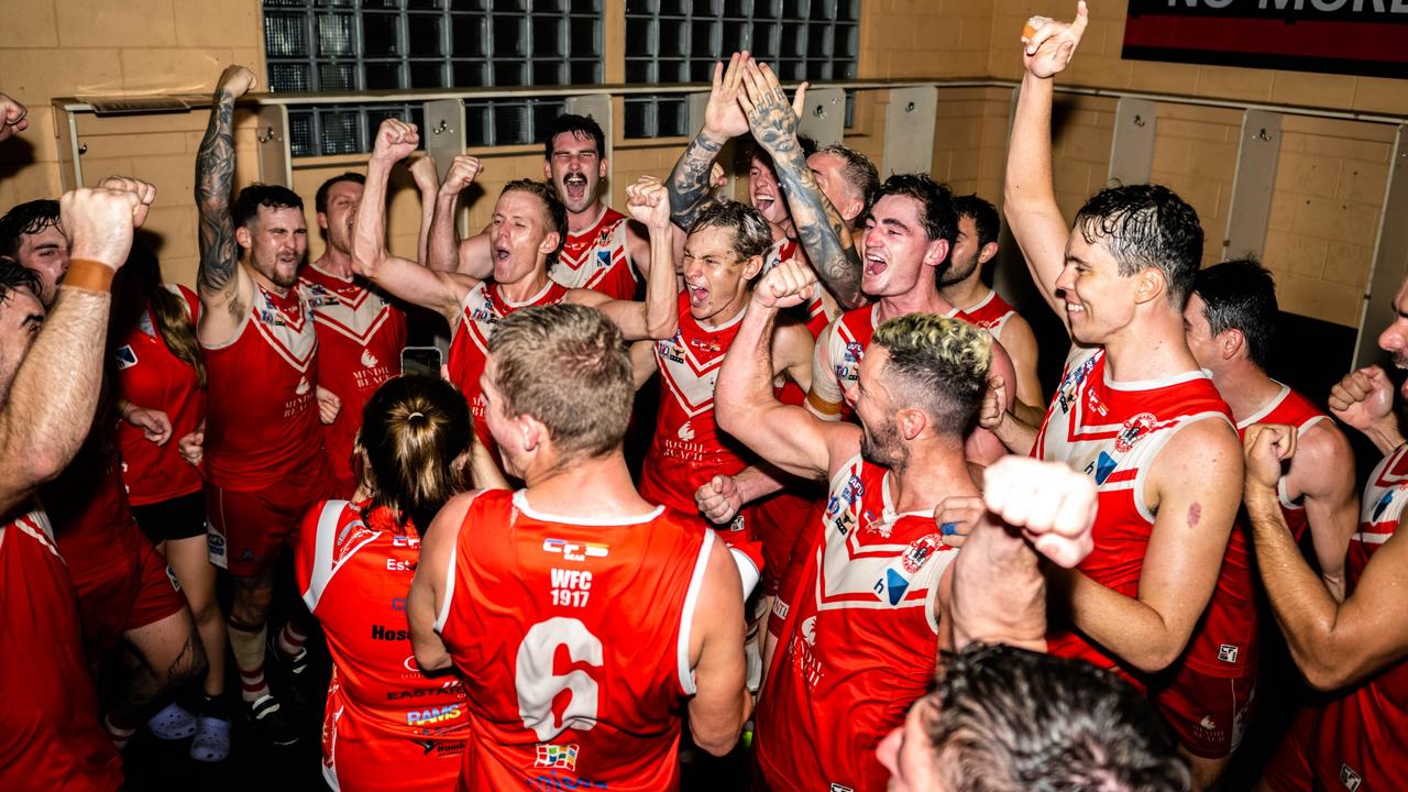 Waratah celebrate their win over Southern Districts in the 2022-23 NTFL semi-final. Picture: Patch Clapp / AFLNT Media