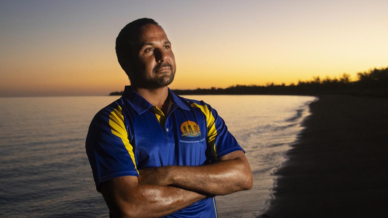 Mornington Island Mayor Kyle Yanner on his 'country' Murndarnyetti outside of Gununa township on Mornington Island. Picture: Brian Cassey