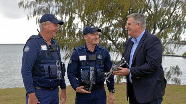 FLYING HIGH: QLD Boating and Fisheries district manager Central Queensland Greg Bowness, field officer Hayden Coburn and Fisheries Minister Mark Furner. Picture: Rhylea Millar