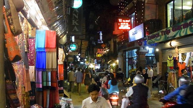 Night shopping in Kathmandu's tourist quarter, T...