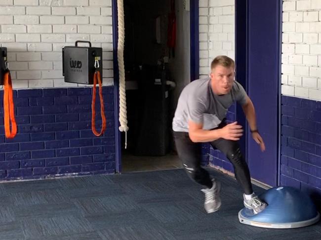 David Warner working hard in the gym.