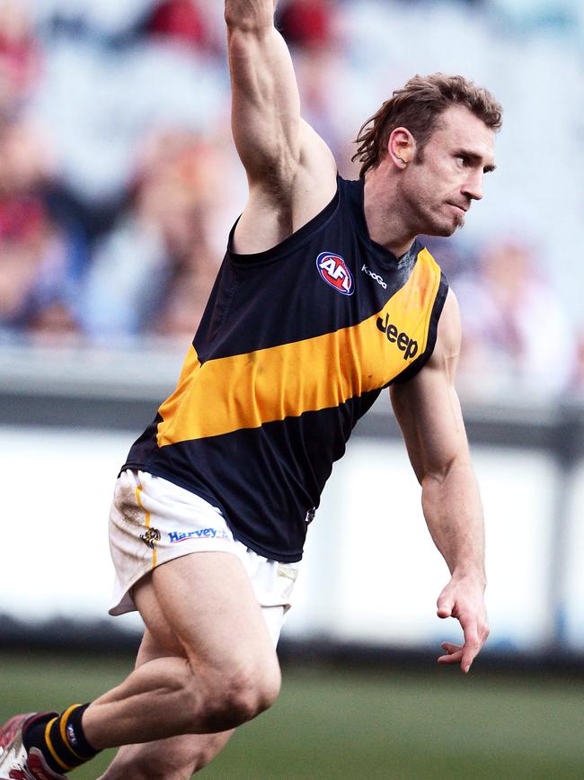 Shane Tuck celebrates one of his 74 goals for the Tigers.