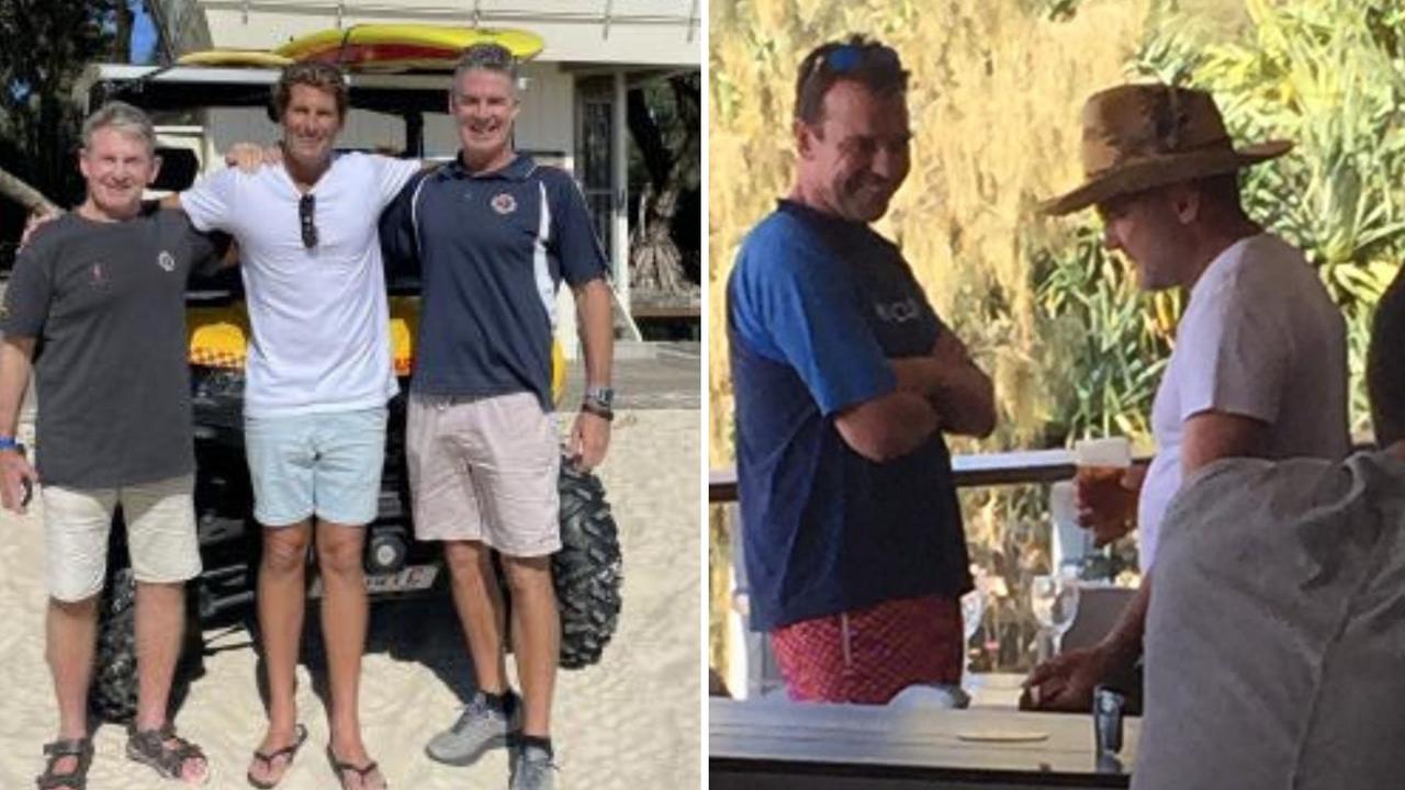 Noosa Surf Lifesaving Club president Ross Fisher, Bondi Rescue lifeguard Anthony ‘Harries’ Carroll and head coach Darren Mercer smile for a photo while comedian Jimeoin is snapped at the Noosa Surf Club. Picture: Steve Garrard Facebook