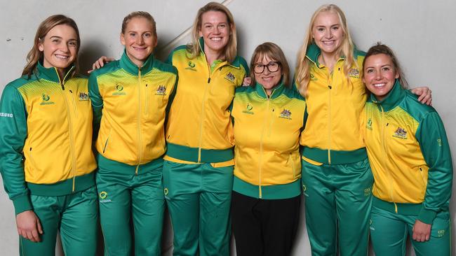 Diamonds squad members Liz Watson, April Brandley, Caitlin Thwaites, coach Lisa Alexander, Joanna Weston and Kelsey Browne. Picture: AAP