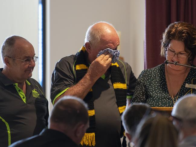 CAIRNS, AUSTRALIA - NCA NewsWire Photos - MARCH 31, 2023: Friends and family of stabbing victim Declan Laverty are pictured dressed in black and yellow in honour of DeclanÃ¢â¬â¢s favourite AFL team, the Richmond Tigers, as they attend his funeral memorial service in Cairns. Picture: NCA NewsWire / Emily Barker