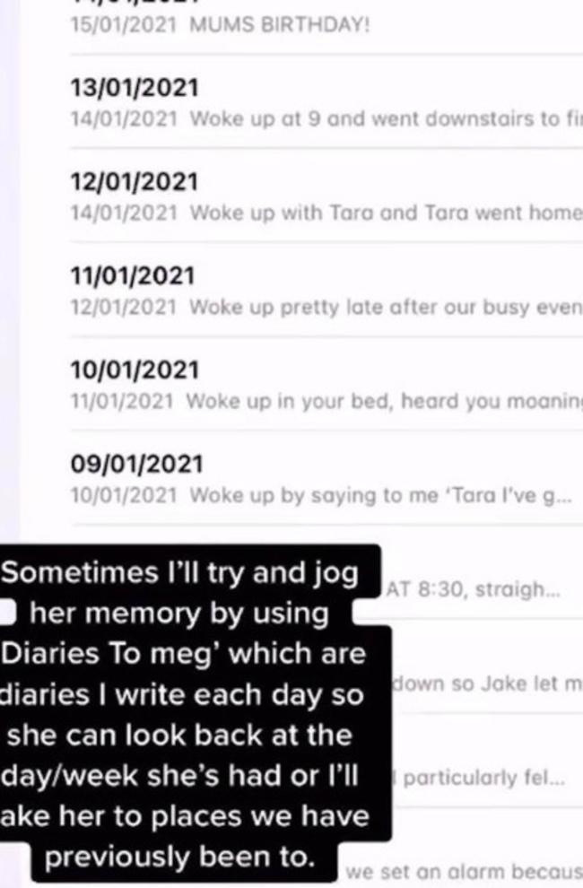 Tara keep a diary to help jog Megan’s memory. Picture: meg.jacks/TikTok