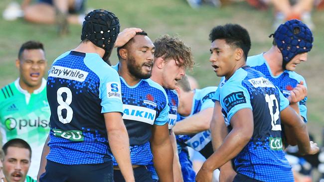 Tolu Latu of the Waratahs scores a try  during the Waratahs v Highlanders trial match at Brookvale Oval. pic Mark Evans