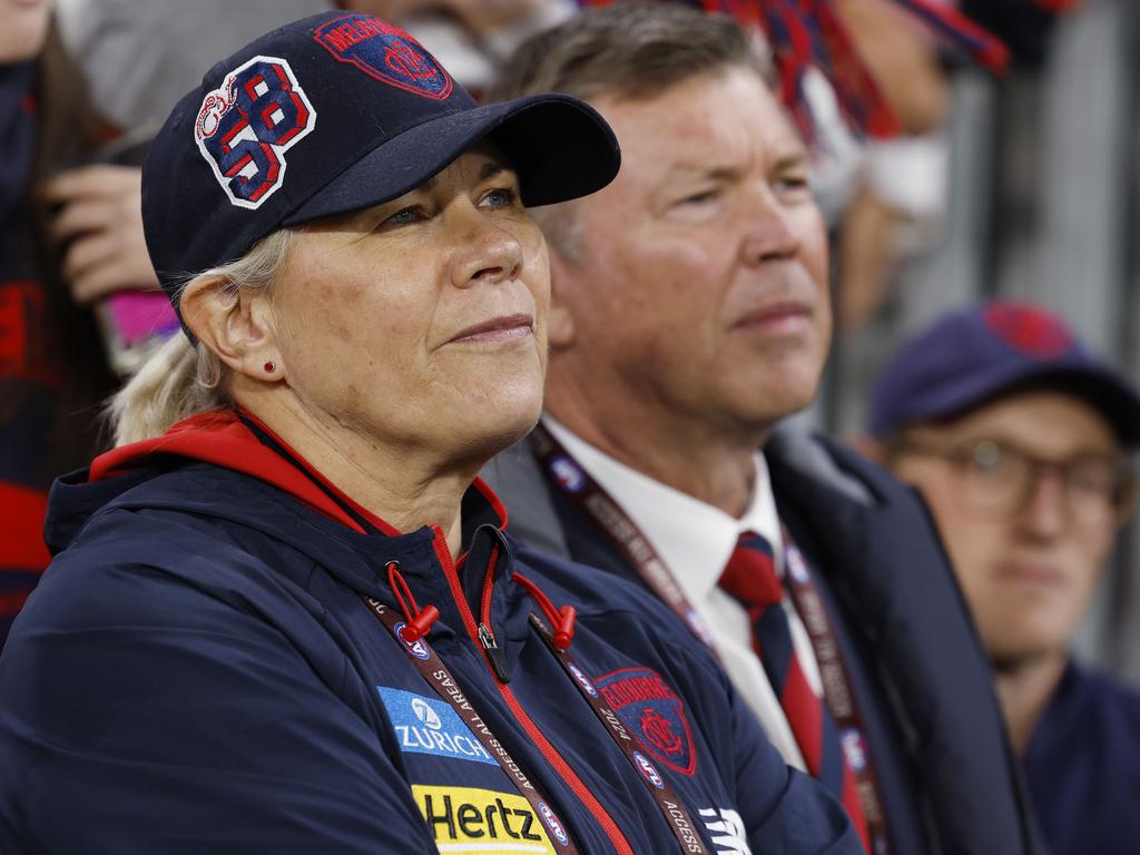 MELBOURNE, AUSTRALIA. May 26, 2024. Round 11. Melbourne vs. St Kilda at the MCG. Melbourne president Kate Roffey and CEO Gary Pert. Pic: Michael Klein