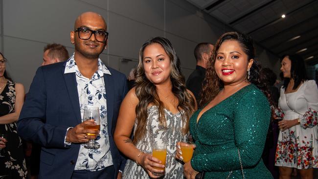 April Briskin, Navyna Rajiah and Nitish Jamookeeah at the 2024 NAIDOC Ball at the Darwin Convention Centre. Picture: Pema Tamang Pakhrin