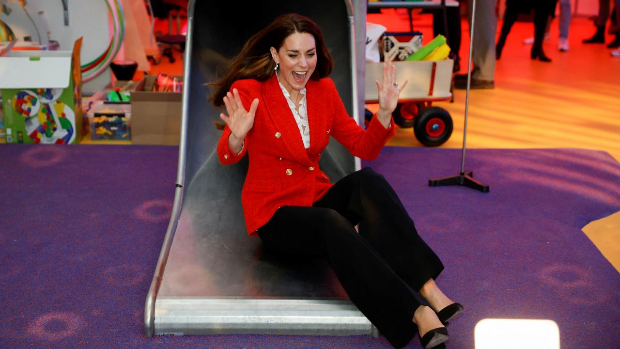 The future Queen slipping down a slide during a visit at the LEGO Foundation PlayLab on February 22, 2022 in Copenhagen, Denmark. Picture: John Sibley - WPA Pool/Getty Images