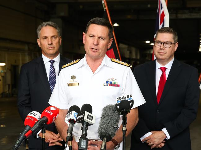 Chief of Navy, Vice Admiral Hammond, with Deputy Prime Minister Richard Marles and Minister for Defence Industry Pat Conroy, address the media in a press conference for the release of the independent analysis of Navy ships. Picture: NCA NewsWire / Gaye Gerard