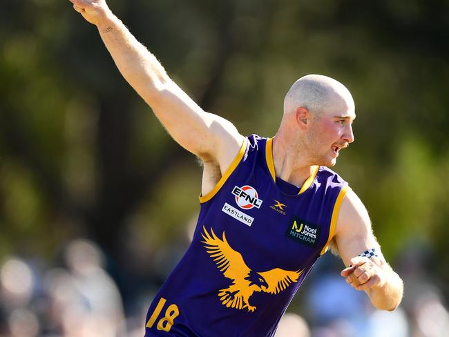 Jamieson Rossiter of Vermont Eagles celebrates kicking a goal during the 2023 Eastern Football Netball League Premier Division Seniors Grand Final match between Vermont and Rowville at Bayswater Oval in Bayswater, Victoria on September 16, 2023. (Photo by Josh Chadwick)