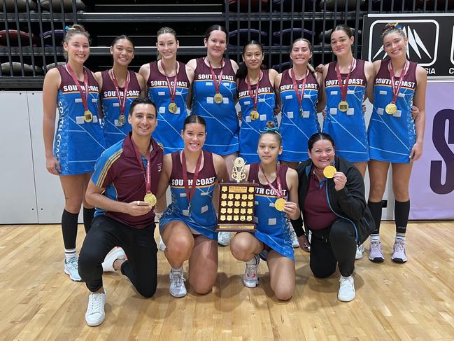 Queensland School Sport Netball 2023 - 16-19 years champions South Coast. Coach Deanne Hamilton. Assistance Coach Glen Ormesher