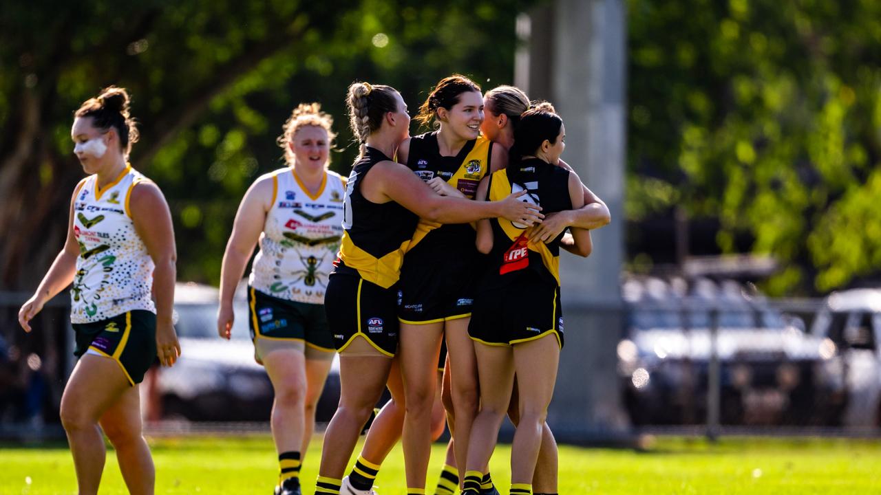 Nightcliff Tigers women celebrate a goal in Round 2 of the 2023-24 NTFL season. Picture: Patch Clapp / AFLNT Media