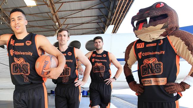 Former Cairns Taipans players Travis Trice, Mitch McCarron, Steve Weigh and mascot Joe Blake. PICTURE: JUSTIN BRIERTY.