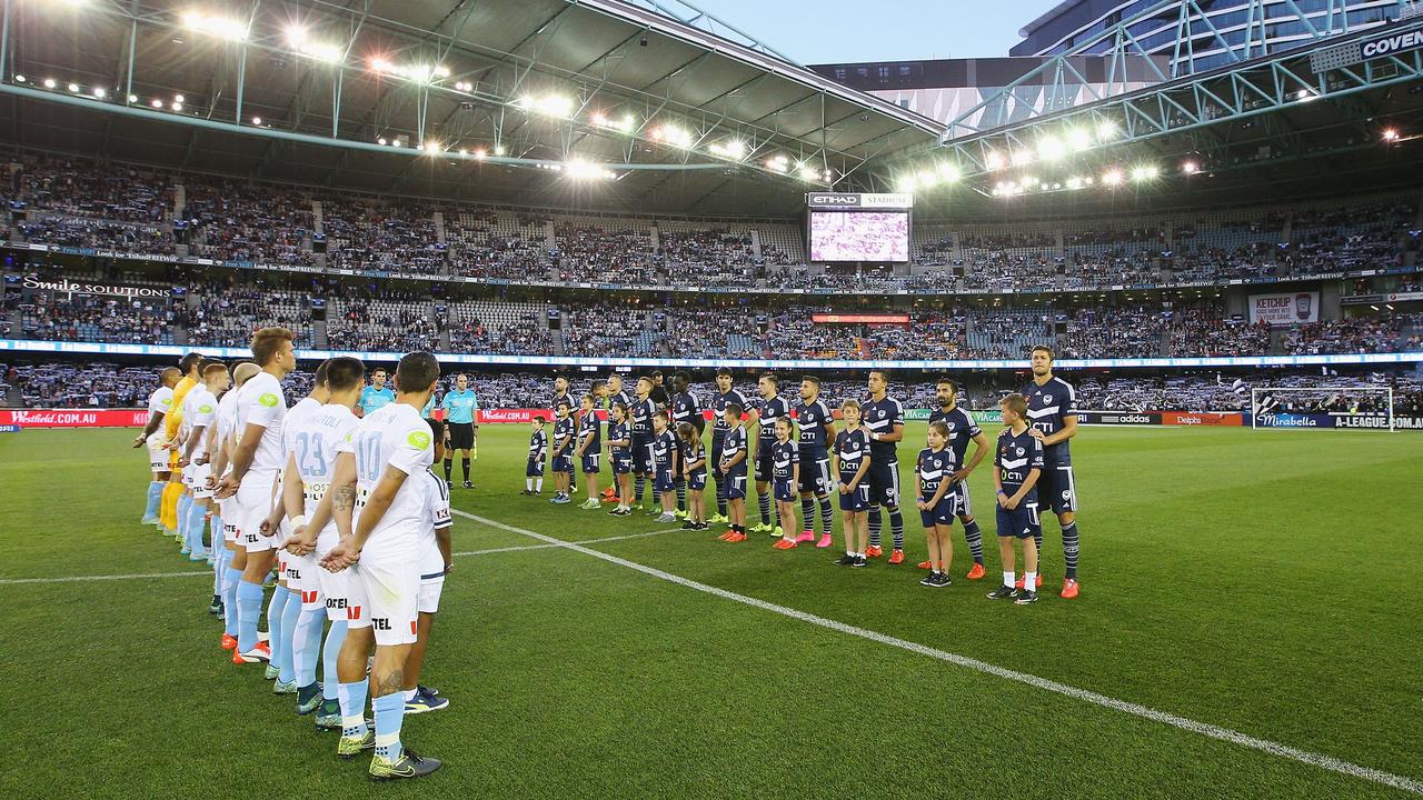 MELBOURNE, AUSTRALIA - OCTOBER 17: Victory and City players line up during the round two A-League match between Melbourne Victory and Melbourne City FC at Etihad Stadium on October 17, 2015 in Melbourne, Australia. (Photo by Michael Dodge/Getty Images)