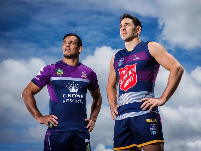 Billy Slater shows off Melbourne’s AFL-style singlets. Picture: Mark Stewart