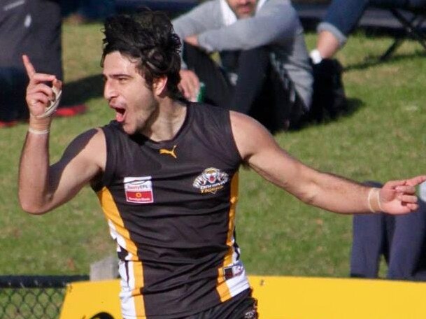 Daniel Scala celebrates a goal for Balwyn in the Eastern Football League (EFL). Picture: David Woodhouse