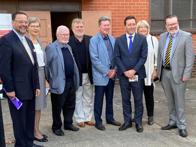 Opposition Leader Matthew Guy and Bernie Finn smile – for the cameras anyway.