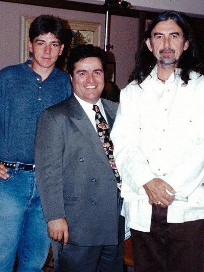 Frank Pangallo and Channel 7 cameraman Danny Adamopoulos with George Harrison from The Beatles in Adelaide. Picture: Supplied