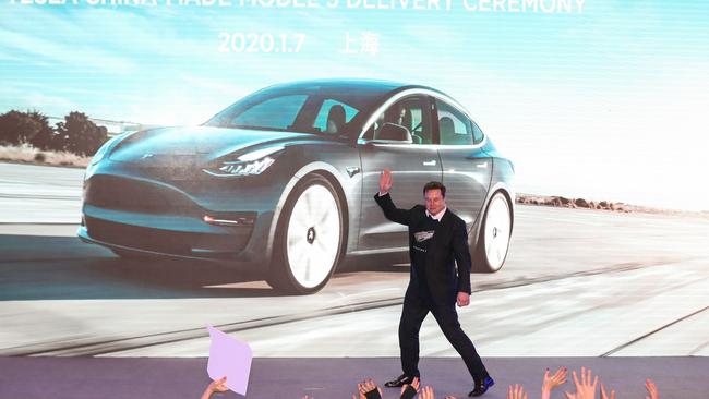 Tesla CEO Elon Musk at a Tesla China-made Model 3 delivery ceremony in Shanghai. Picture: AFP