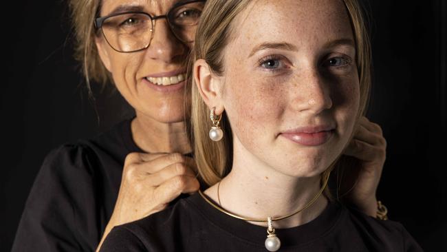 Caroline Langham, left, and daughter Elouise, with Pearls of Australia jewellery authenticated by a new blockchain ledger. Picture: Colin Murty